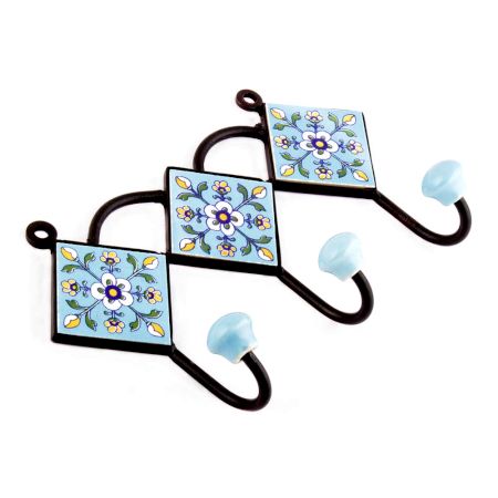 Turquoise White Tiny Flower Tiles Hooks
